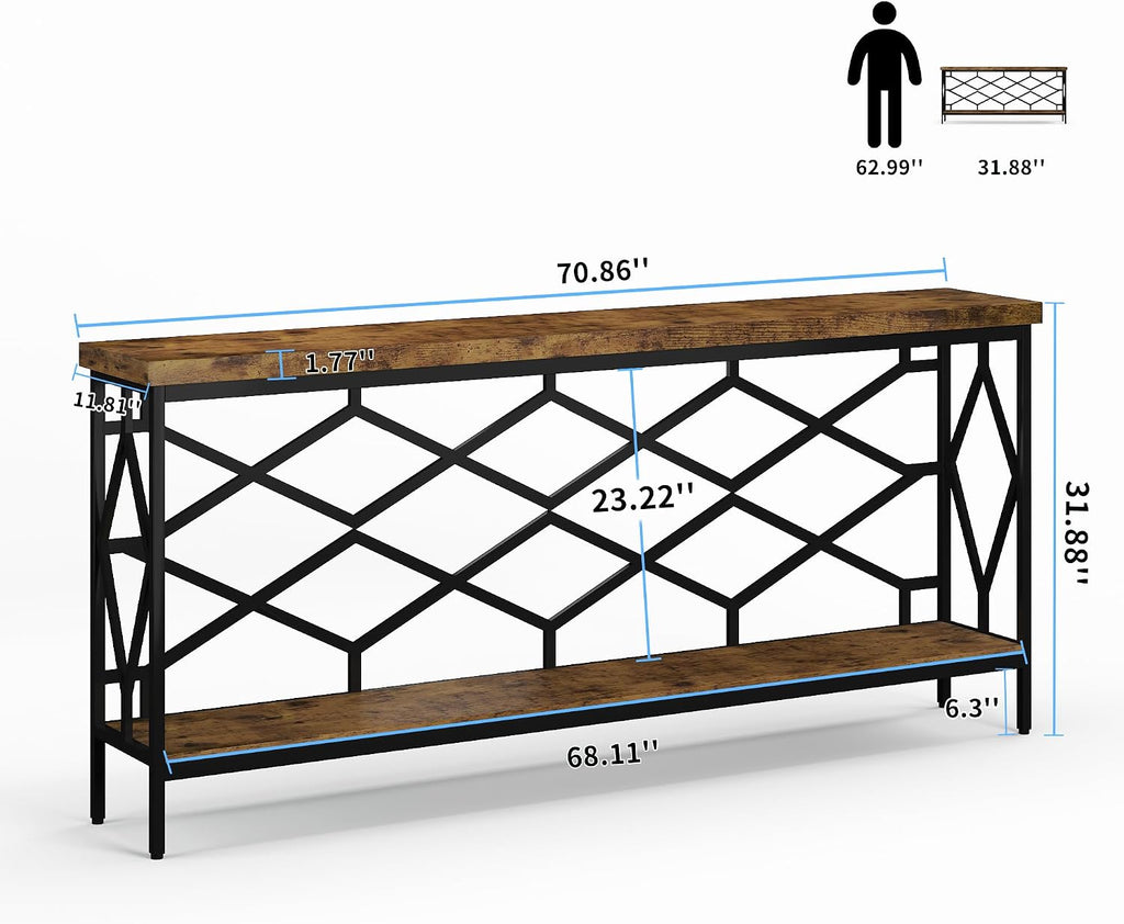 karlott 71' Extra Long Entryway Table, Narrow Console Table, Industrial Sofa Behind Couch Table with Open Storage Shelf, Hallway Table for Entryway, Living Room, Foyer, Entrance, Unique Design, Brown