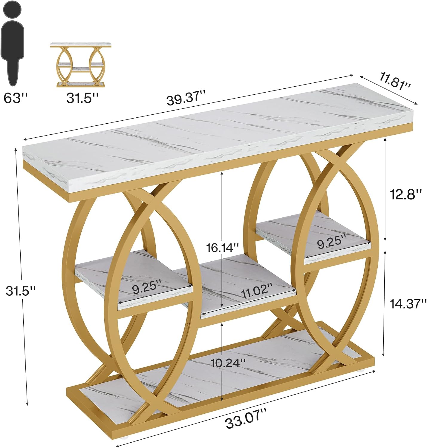 Tribesigns 39.4' Console Table, Industrial 4-Tier Sofa Table Entryway Table with Storage Shelves, Narrow Wood Accent Tables with Metal Frame for Small Spaces, Hallway, Foyer, White Gold