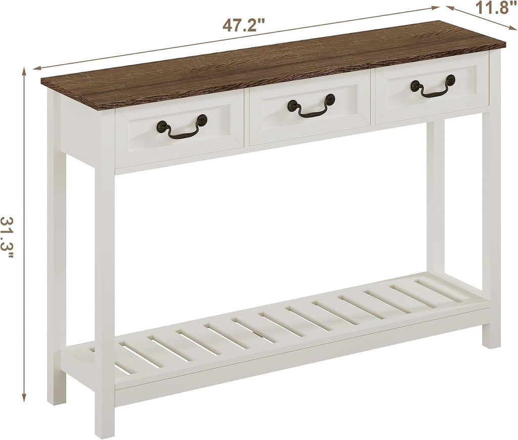 ChooChoo 47' Farmhouse Console Table with 3 Drawers, Rustic Entryway Table, Narrow Long Sofa Table for Living Room, Hallway, Behind Couch, Soft White and Brown