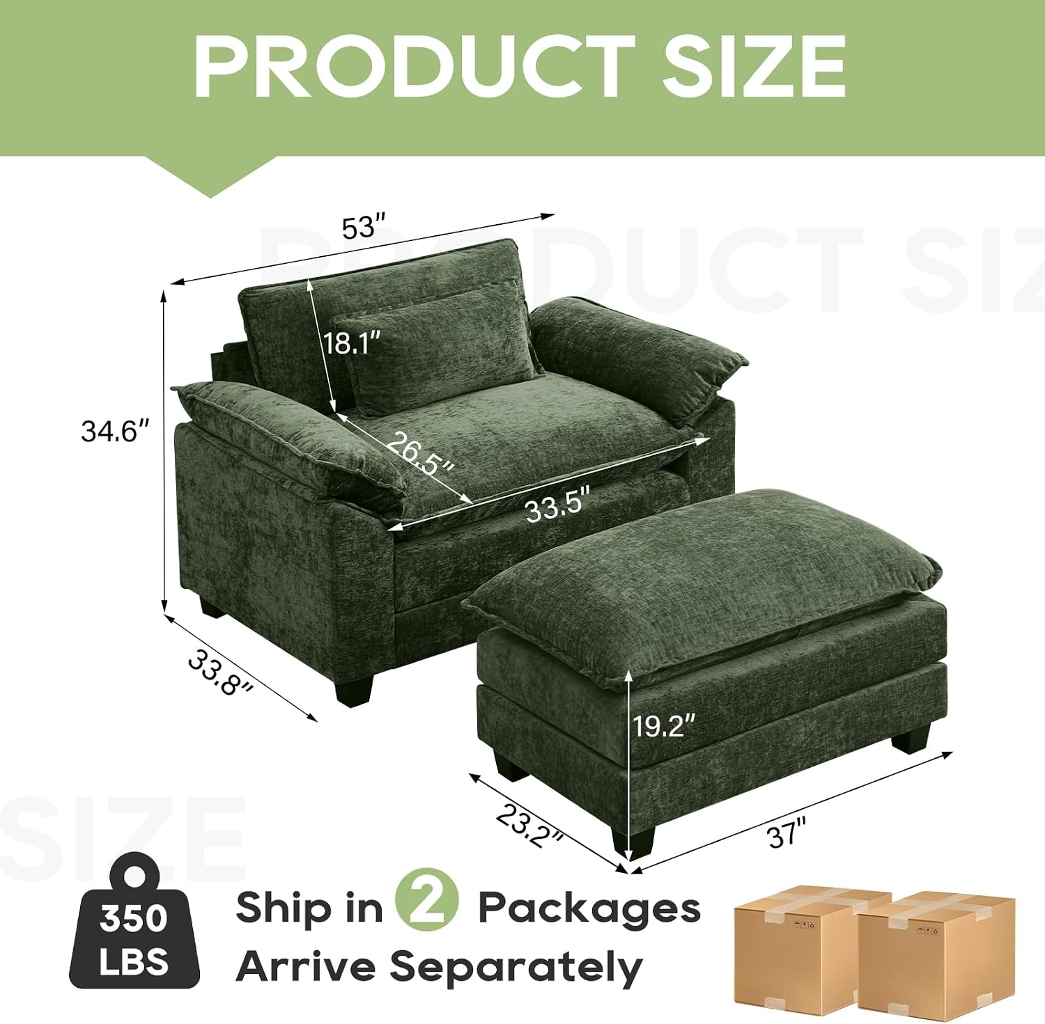 Oprisen 53' Modular Sectional Sofa, Comfy Cloud Couch Sectional Sofa with Ottoman, Chenille Sofa Sleeper Deep Seat Sofa with Throw Pillows for Living Room (Green)