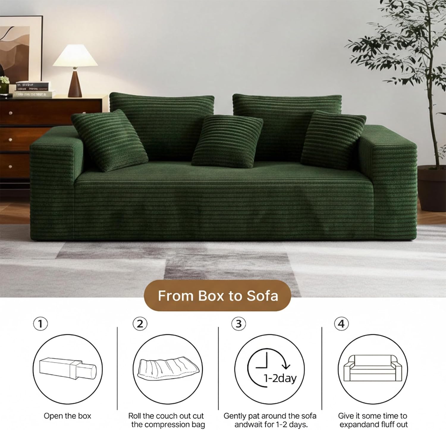 3-Seater Deep-Seat Corduroy Lounge Sleeper Sofa, No Assembly Frameless Foam Cloud Couch, Comfy Plush for Living Room Bedroom Apartment Dorm Office（Green）