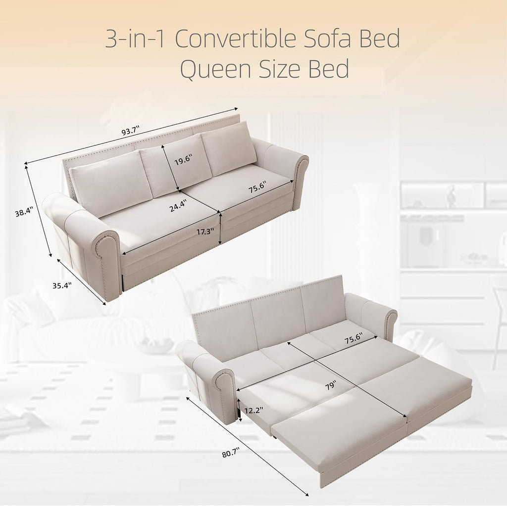 Casaphoria 93.7 Inch Pull Out Sleeper Sofa Beds, 3 in 1 Velvet Convertible Sofa Bed Couch, Vintage Loveseat Sofa Couch Bed for Apartment, Bedroom, Living Room, King Size White