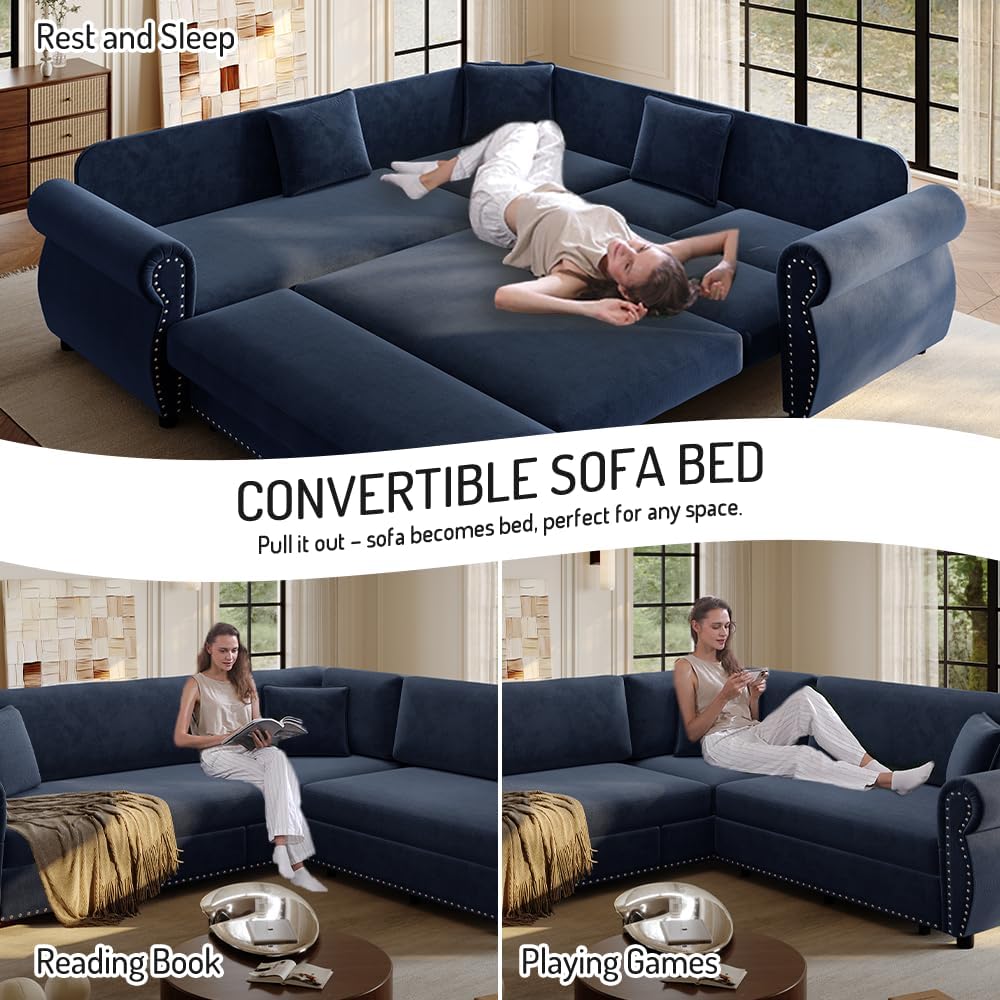 88'' Sleeper Sofa Bed Queen, L Shaped Sectional Sofa with Pull Out Couch Bed, Chenille 5 Seater Couch with Nailhead Trim & Rolled Arm, Sectional Couches for Living Room Furniture Set, Blue