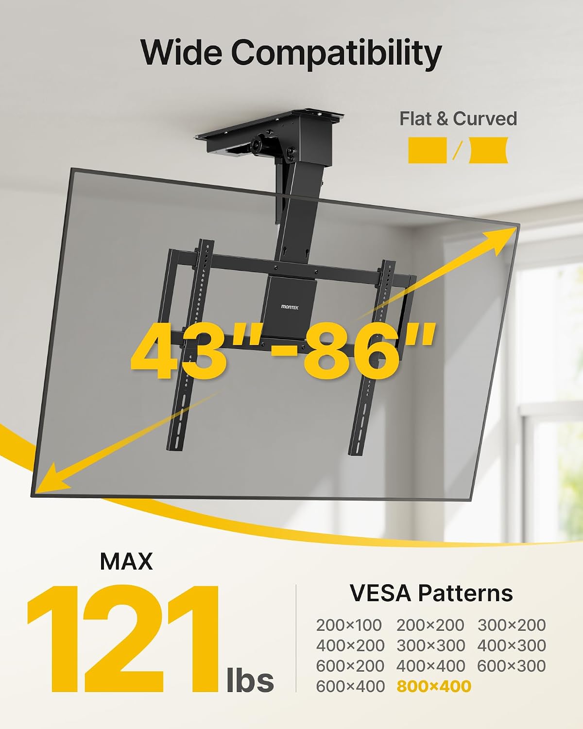 monTEK Motorized Ceiling TV Mount for 43-86 Inch TVs, Heavy-Duty 121lbs (4X Load Tested), Off-Center VESA Compatible, Electric Flip Down with Remote/App/Voice Control, Fits Flat & Pitched Roof