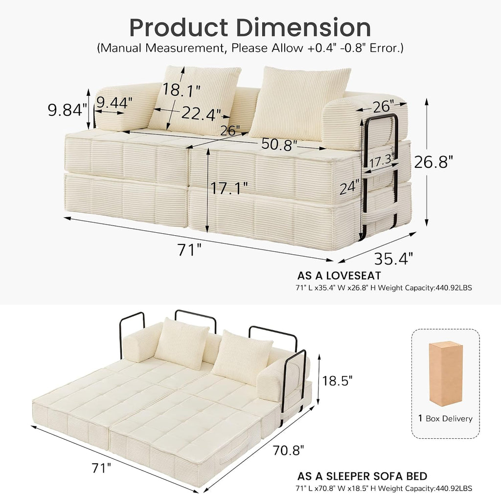 Korser Folding Convertible Sofa Bed, Corduroy Upholstered Boneless Couch, Small Sectional Cloud Couch, Loveseat Sleeper Sofa, Modular Futon Floor Sofa Couch for Living Room Bedroom Lounge, No Assembly