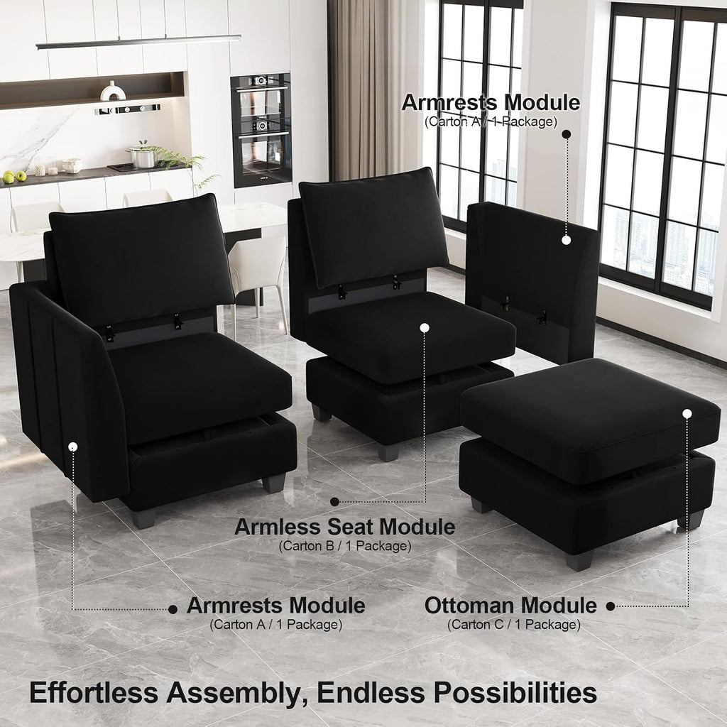 Belffin Modular Sectional Sofa Couch with Reversible Chaise Velvet L Shaped Storage 4-seat Convertible Black