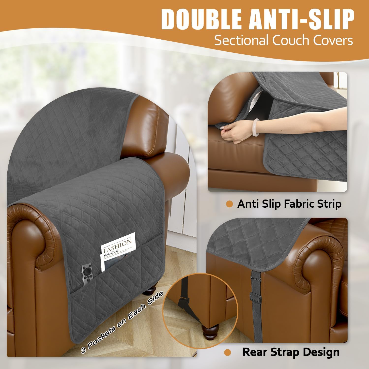 Arfntevss Waterproof Sectional Couch Covers L Shape Washable Velvet Sofa Cover for Sectional Non Slip Large Corner Slipcovers Dog 6 Pcs Universal U Shaped Furniture Protector (Dark Grey, XX-Large)