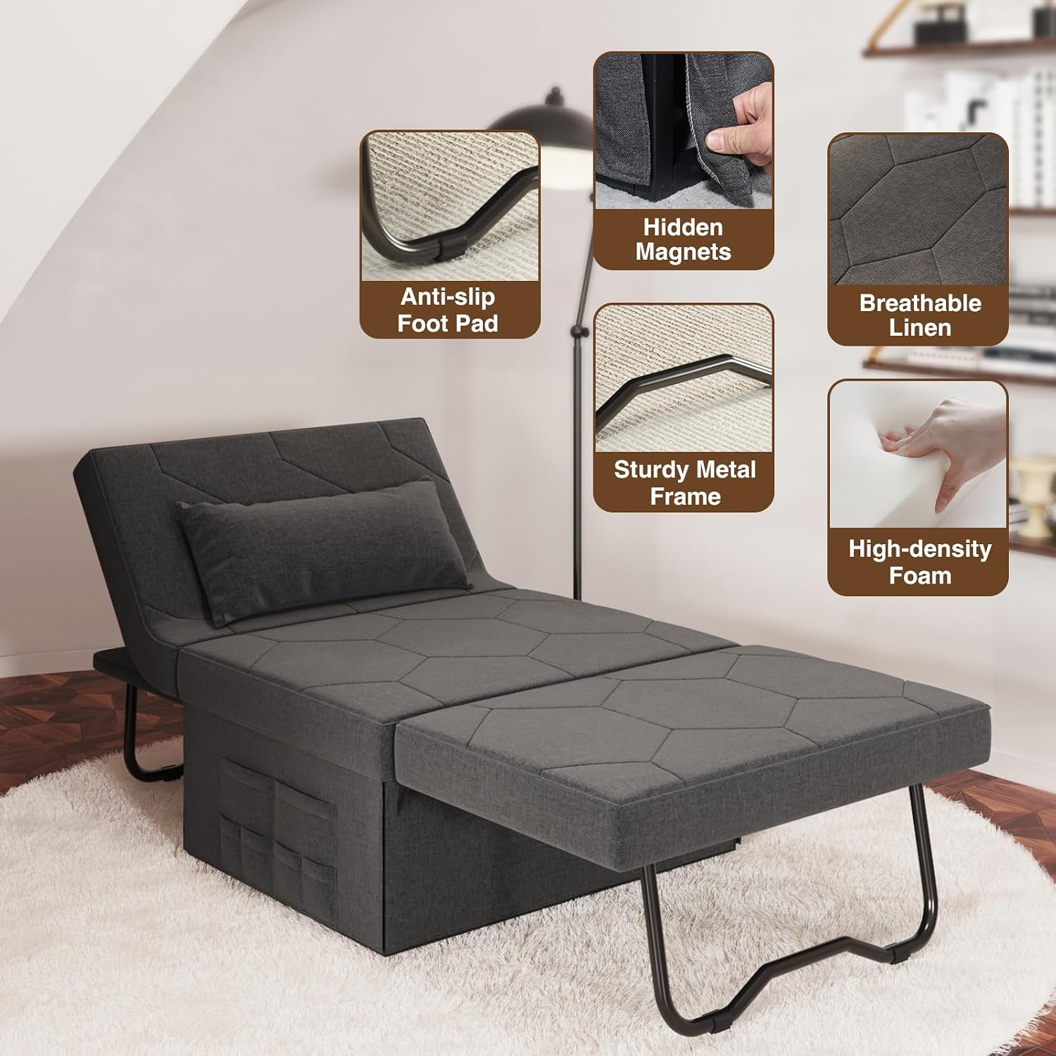 4 in 1 Sleeper Chair, Convertible Sleeper Sofa with Ottoman, Ottoman Bed for Adults, Sofa Bed with Adjustable Backrest for Living Room Apartment Office, Dark Grey