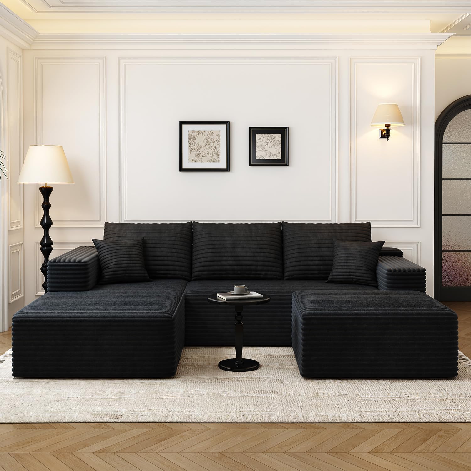 107.5' Cloud Modular Sectional Sofa with 1 Ottoman,Modern Minimalist Upholstered Couches, Comfort U Shaped Sofa for Living Room,Deep Seat Corner Couch，No Assembly Required (Black,Left Facing Chaise)