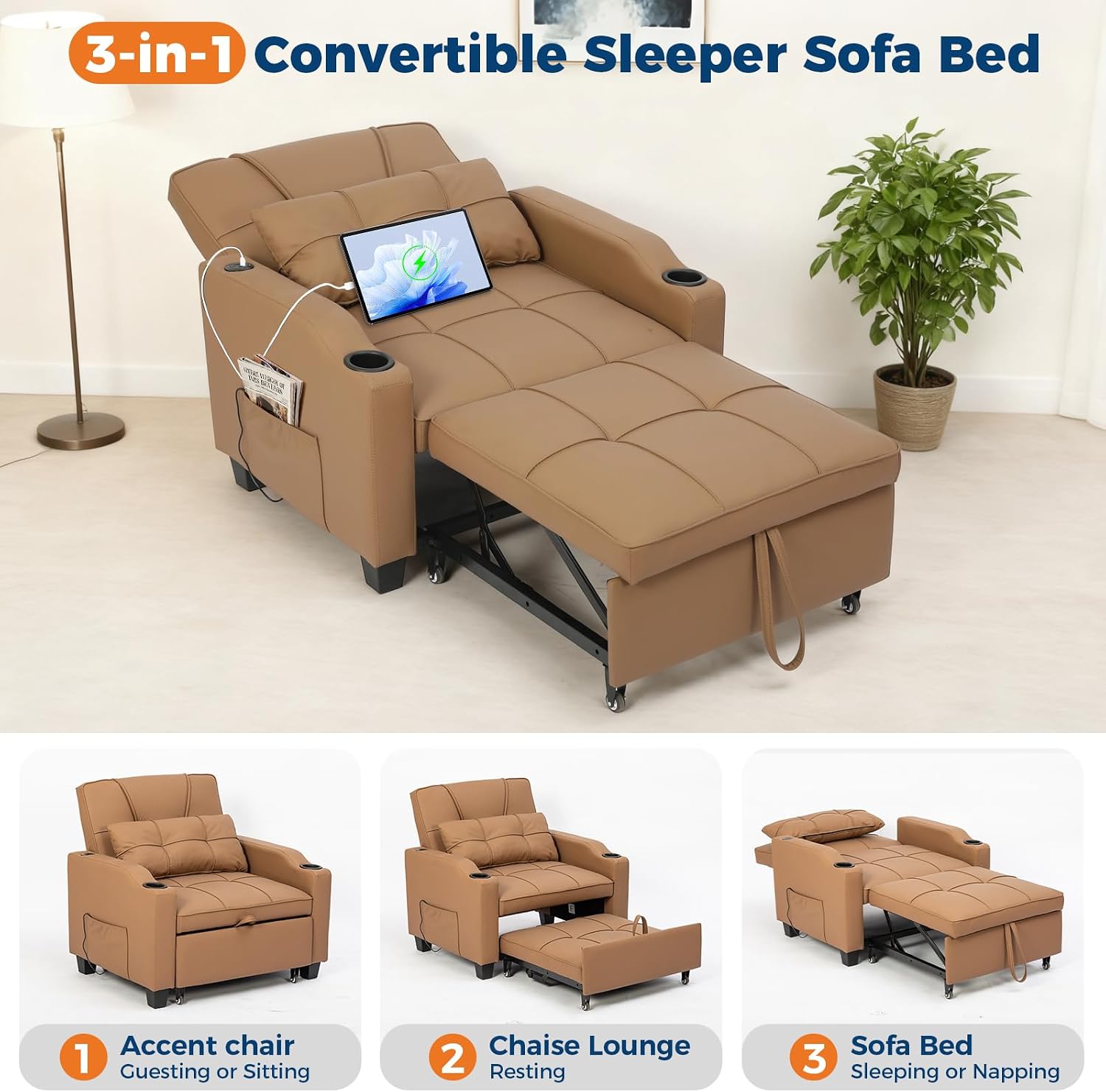 Sleeper Chair Pull Out Bed, 4 in 1 Convertible Sofa Chair Bed with Vibration Massage Lumbar Pillow, Single Sofa Recliner with USB/Type-C Port, Cup Holders and Side Pocket for Small Spaces (Brown)