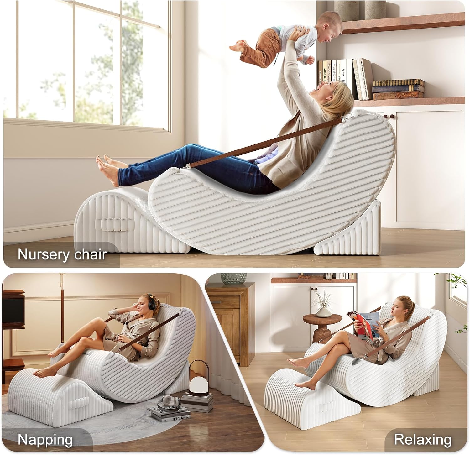 3-in-1 Adjustable Zero Gravity Floor Chair, Oversized Corduroy Boneless Chair for Adults with Memory Foam & Washable Cover, Silent Rocker Recliner Lounge Chair for Reading, Nursing, Gaming, White