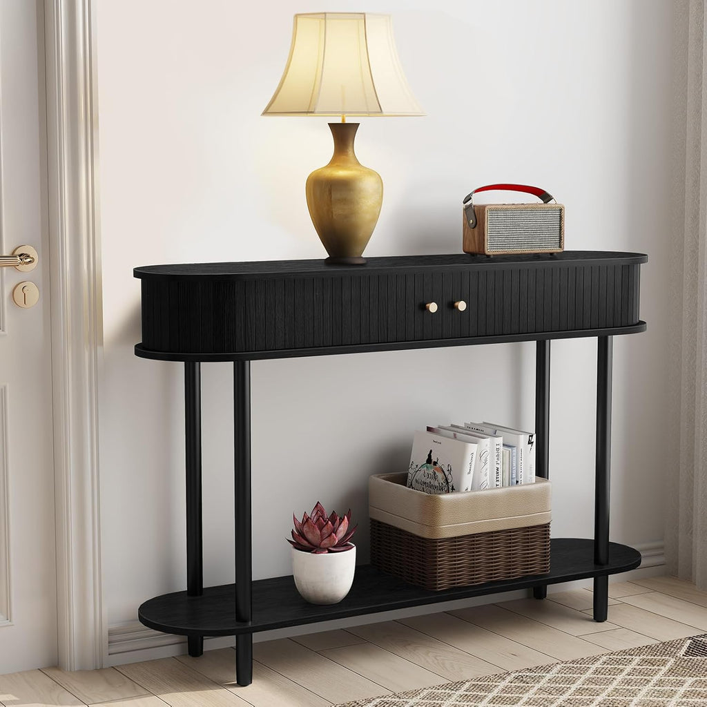 ARTPOWER 47.2' Modern Entryway Table with Wood Tambour Door, Accent Behind Couch Sofa Console with Storage, Fluted Side Table for Hallway, Living Room, Foyer, Black