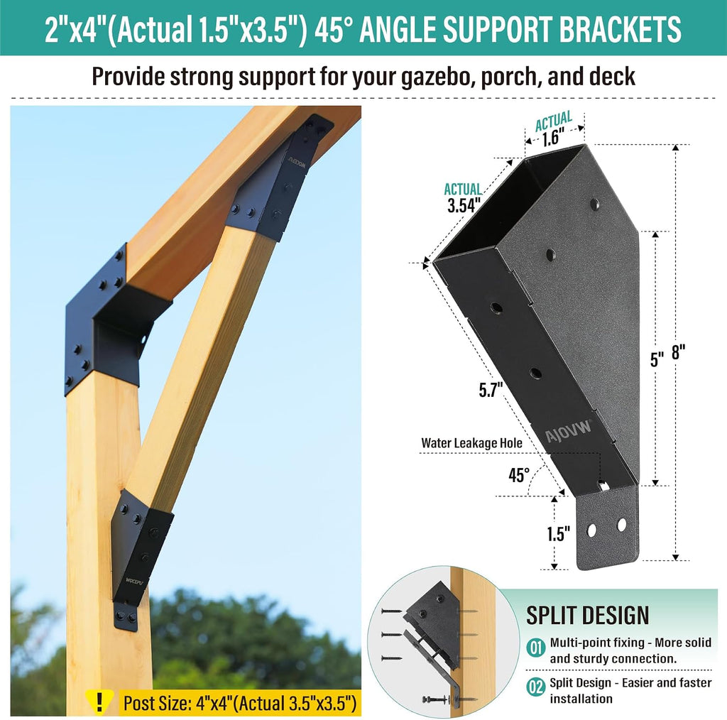 AJOVW-8 PCE 45 Degree Angle Support Bracket for 2''x4'' Supporting Wooden Posts (Actual Size: 1.5''x3.5'') for Gazebos, Garages, Decks, Stables, Sheds, Patio and DIY Basketball Frame Scenes