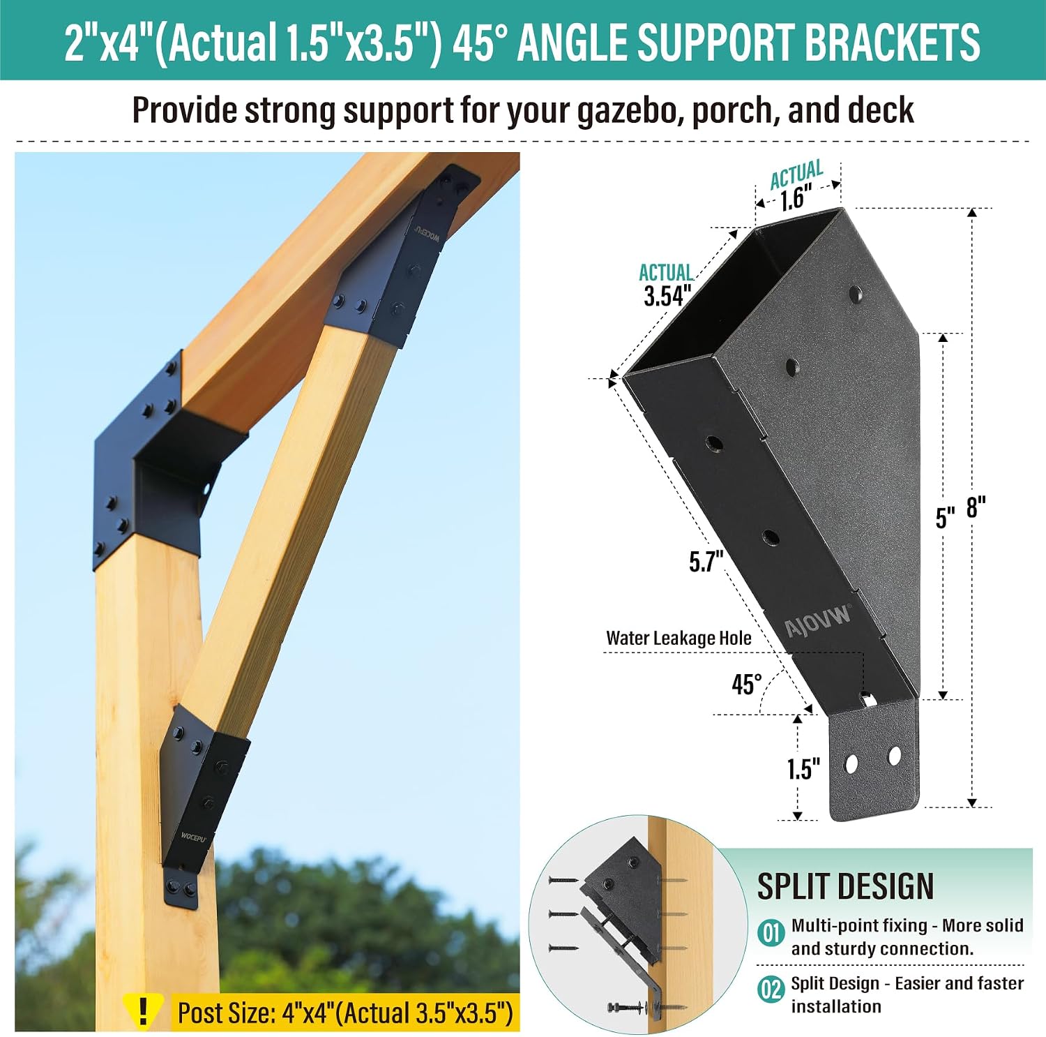 AJOVW-8 PCE 45 Degree Angle Support Bracket for 2''x4'' Supporting Wooden Posts (Actual Size: 1.5''x3.5'') for Gazebos, Garages, Decks, Stables, Sheds, Patio and DIY Basketball Frame Scenes