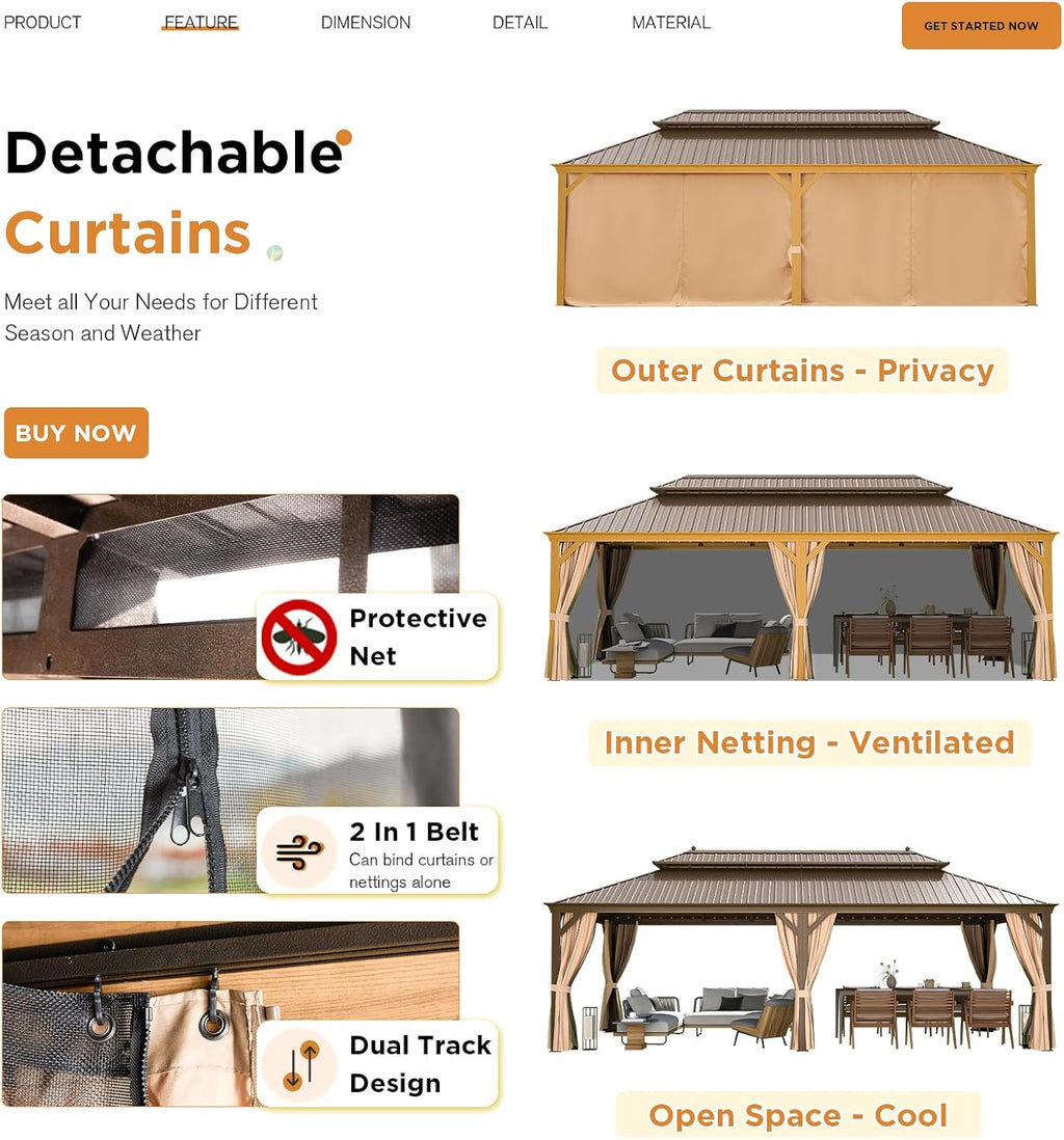 YOLENY 12' x 24' Gazebo, Wood Grain Aluminum Frame Pergola with Double Galvanized Steel Roof, Outdoor Permanent Metal Pavilion with Curtains and Nettings for Patio, Backyard and Deck