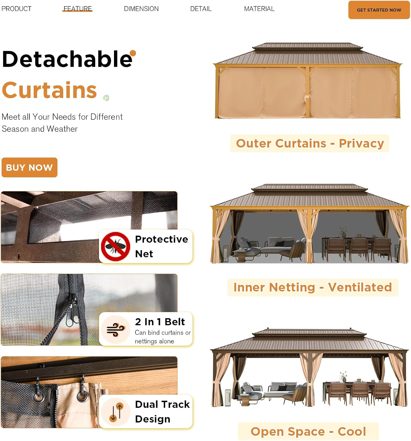 YOLENY 12' x 24' Gazebo, Wood Grain Aluminum Frame Pergola with Double Galvanized Steel Roof, Outdoor Permanent Metal Pavilion with Curtains and Nettings for Patio, Backyard and Deck