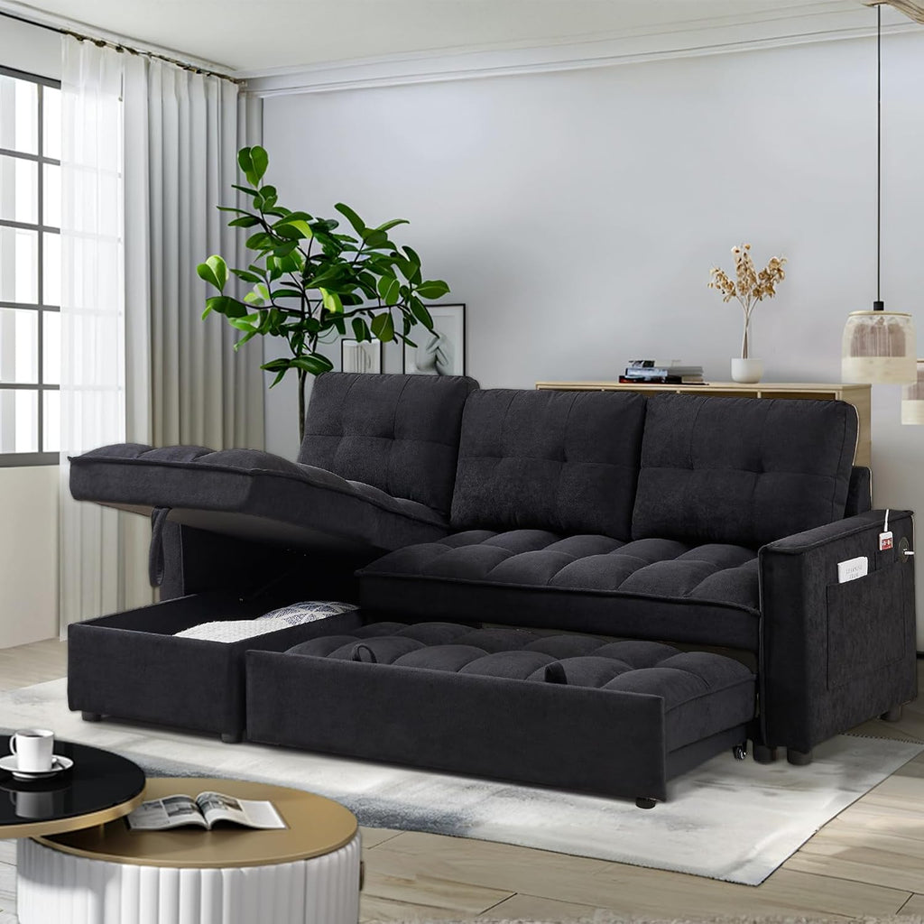 78.75' Sleeper Sofa Couch,Modern L-Shaped Couches, Pull Out Couch with USB Ports&Side Pocket,Sleeper Sectional Sofa for Living Room Apartment,Chenille,Black