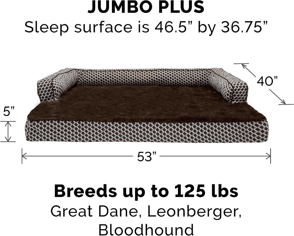 Furhaven Orthopedic Dog Bed for Large Dogs w/ Removable Bolsters & Washable Cover, For Dogs Up to 125 lbs - Plush & Woven Decor Comfy Couch Sofa - Diamond Brown, Jumbo Plus/XXL