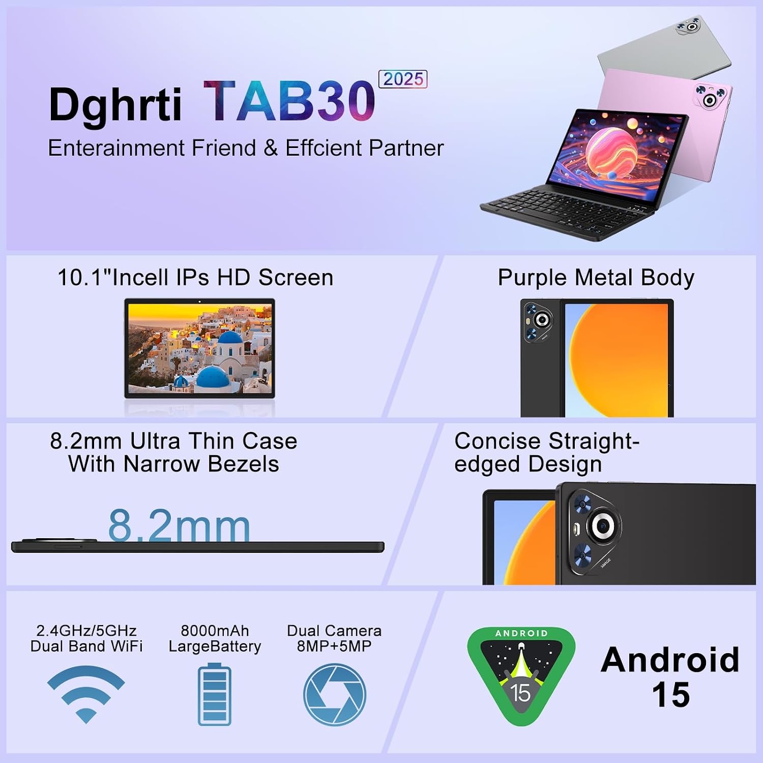 Android 15 Tablet, 30GB RAM + 128GB ROM 1TB TF, 2025 Tablet with Keyboard and Mouse, 10.1 inch Touchscreen, 8000mAh Battery, Incell Display, 2.0GHz, Gemini AI, 5G WiFi, BT 5.0, GPS - Metal Black