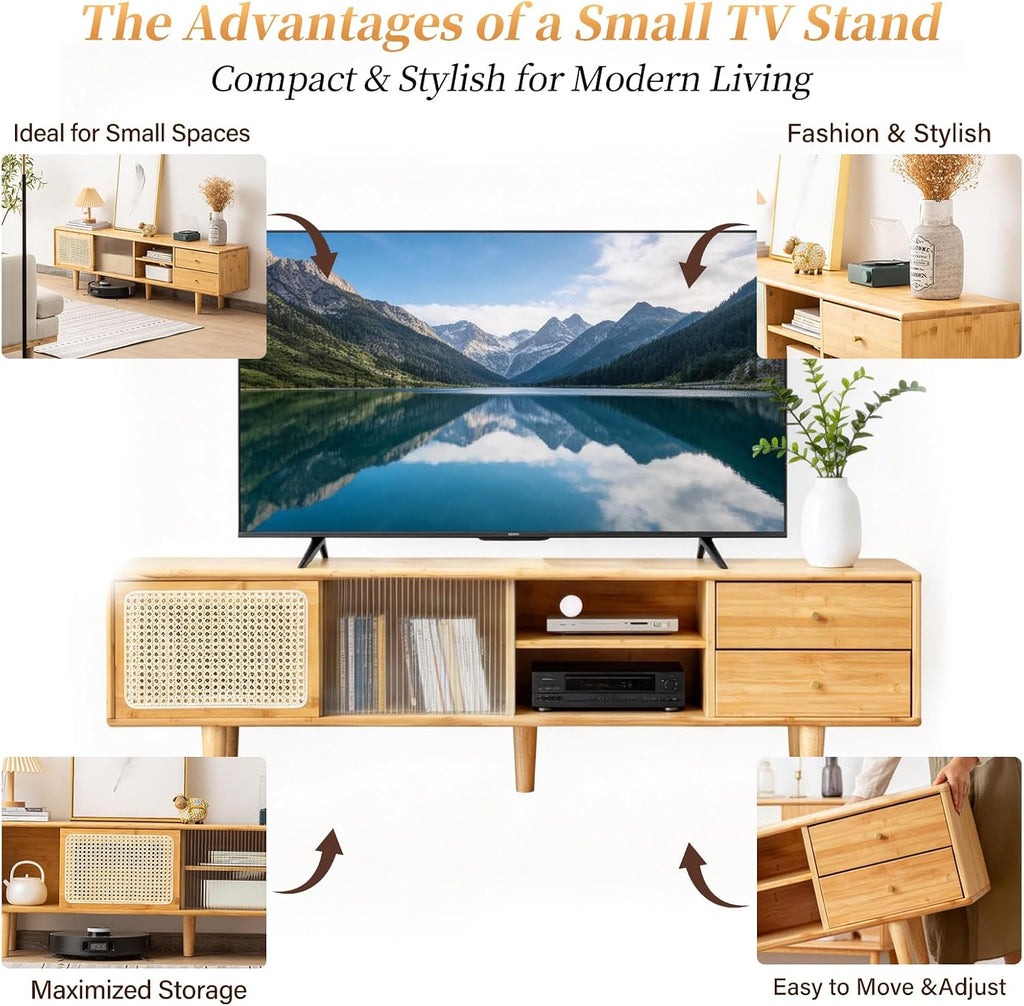 Tiita Rattan TV Stand for 55 60 Inch TV, Bamboo TV Cabinet with 2 Drawers, Boho Entertainment Center with Adjustable Shelf, Mid Century Modern Media Console for Bedroom, Living Room, Study