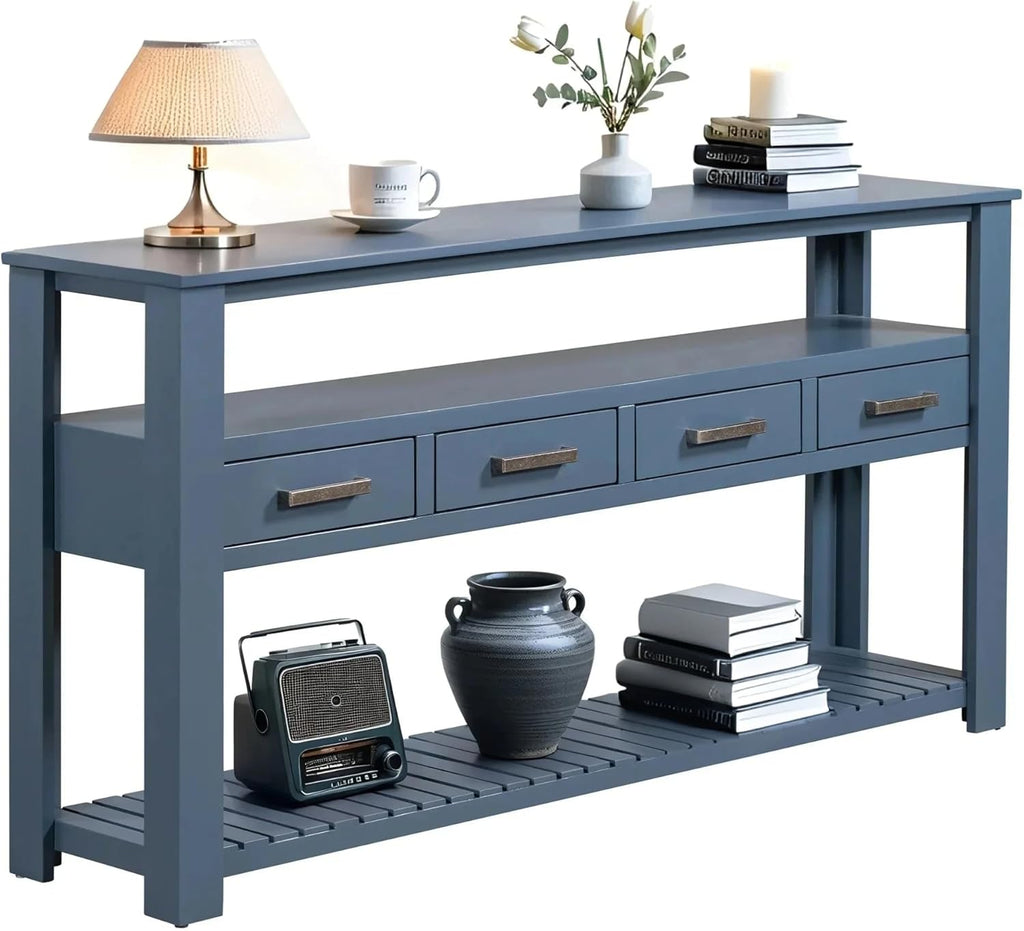 LKTART Console Table for Entryway with 4 Drawers,61.5'' Long Sofa Table with 3-Tier Open Shelves,Entry Table for Hallway,Foyer,Living Room,Navy Blue
