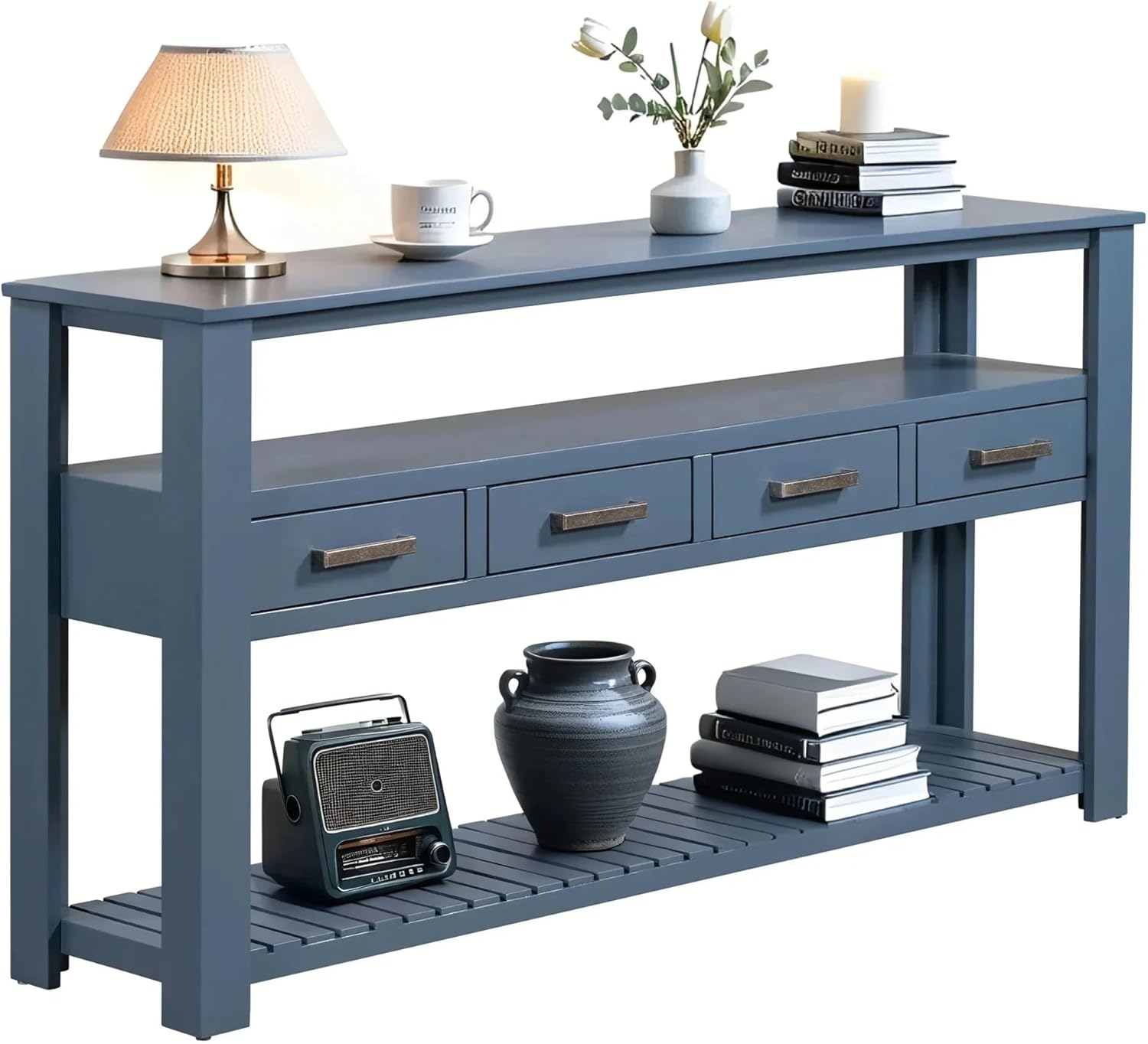 LKTART Console Table for Entryway with 4 Drawers,61.5'' Long Sofa Table with 3-Tier Open Shelves,Entry Table for Hallway,Foyer,Living Room,Navy Blue