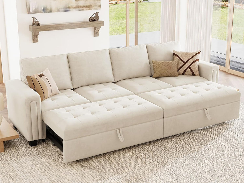 Belffin Modular Sectional Sleeper Sofa with Pull Out Bed Convertible Velvet Sleeper Sofa with Storage Sectional Couches for Living Room Beige