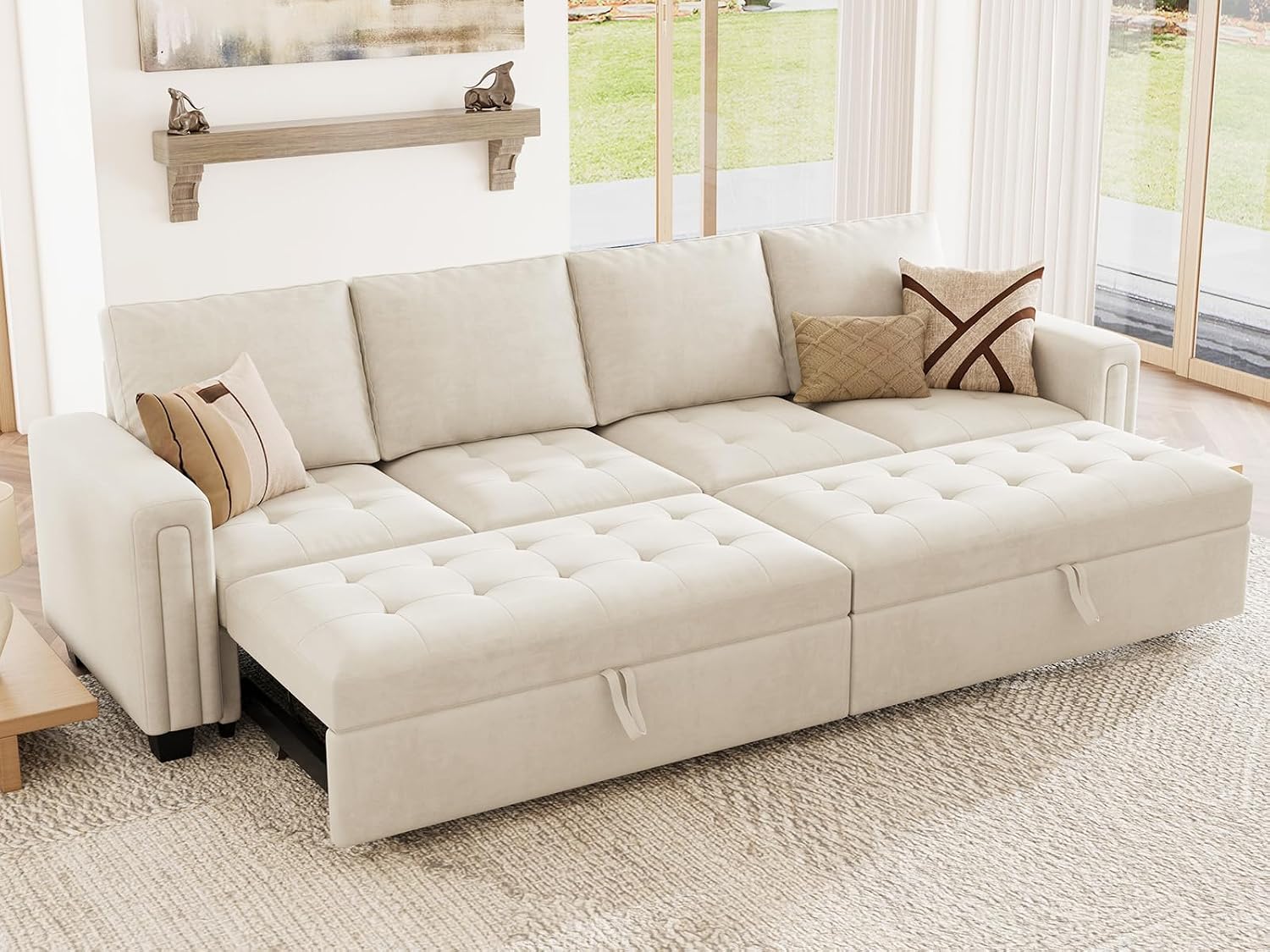 Belffin Modular Sectional Sleeper Sofa with Pull Out Bed Convertible Velvet Sleeper Sofa with Storage Sectional Couches for Living Room Beige