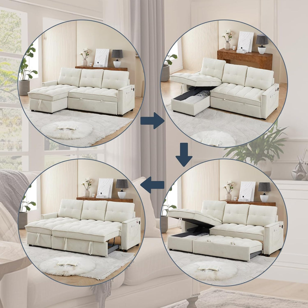 78.75' Sleeper Sofa Couch,Modern L-Shaped Couches, Pull Out Couch with USB Ports&Side Pocket,Sleeper Sectional Sofa for Living Room Apartment,Chenille(Beige)