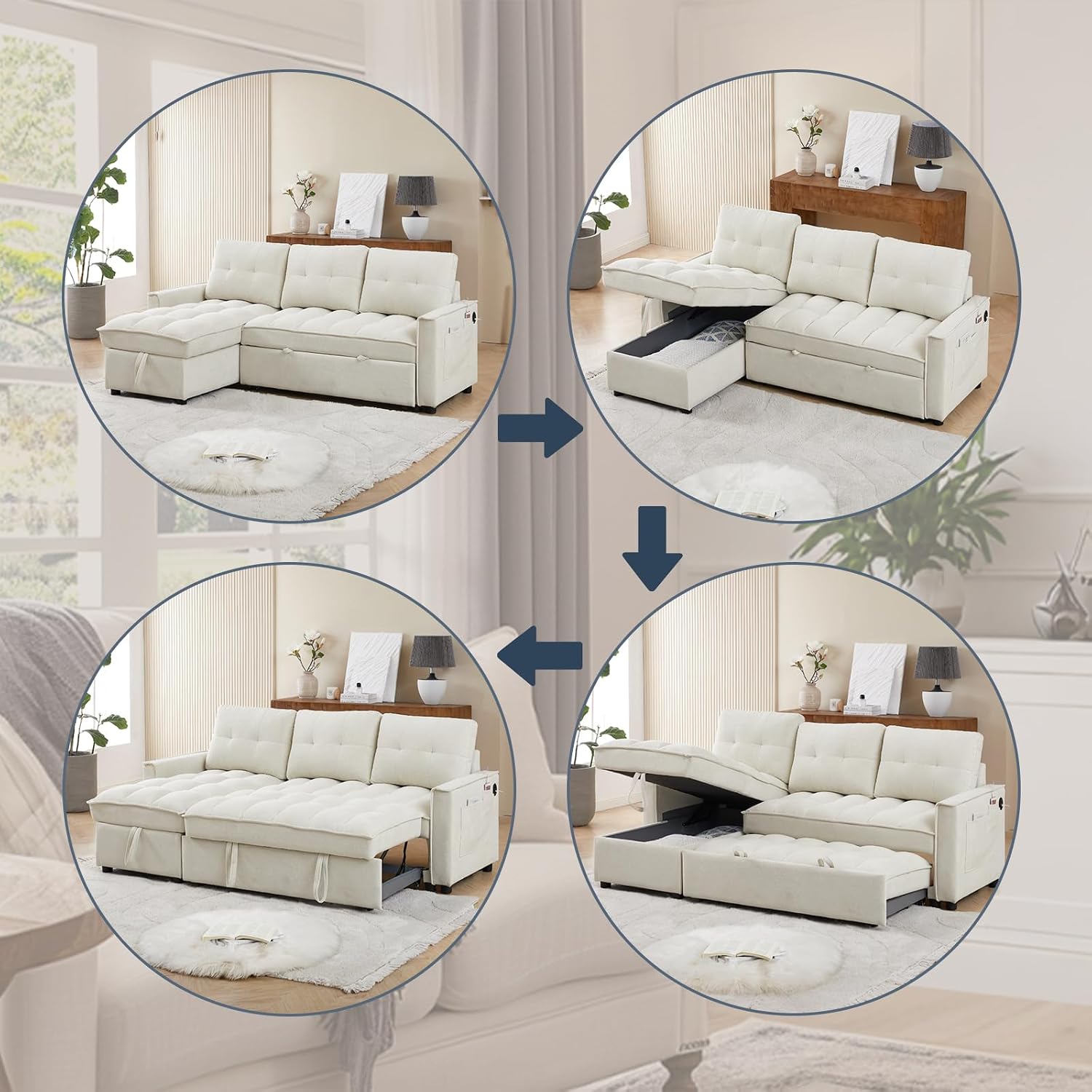 78.75' Sleeper Sofa Couch,Modern L-Shaped Couches, Pull Out Couch with USB Ports&Side Pocket,Sleeper Sectional Sofa for Living Room Apartment,Chenille(Beige)