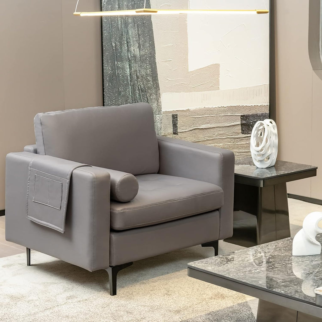 Giantex Single Sofa, Accent Chair, Armchair w/Comfy Cushion Bolster, Armrest Magazine Caddy Pockets, Living Room Upholstered Leisure Chair for Bedroom Reception Room Dark Grey