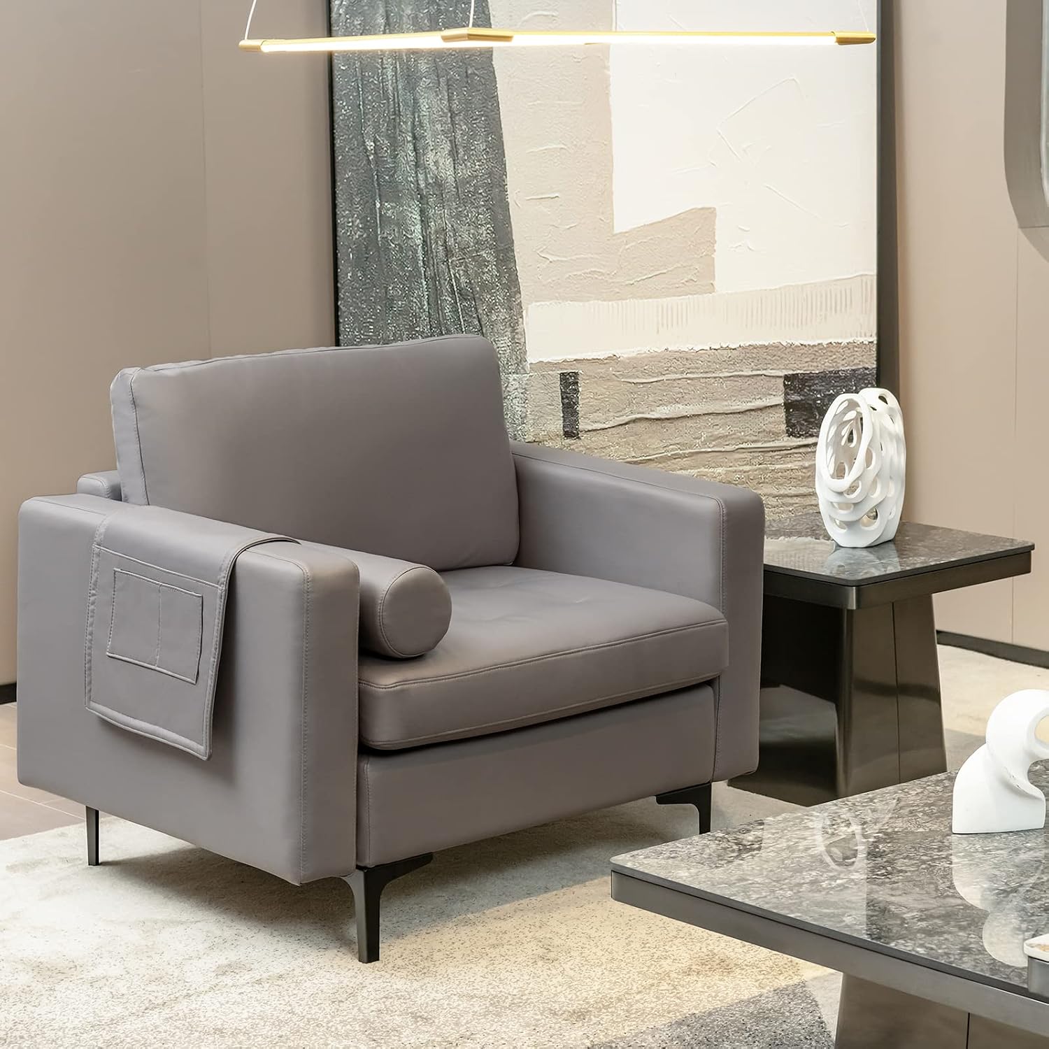 Giantex Single Sofa, Accent Chair, Armchair w/Comfy Cushion Bolster, Armrest Magazine Caddy Pockets, Living Room Upholstered Leisure Chair for Bedroom Reception Room Dark Grey