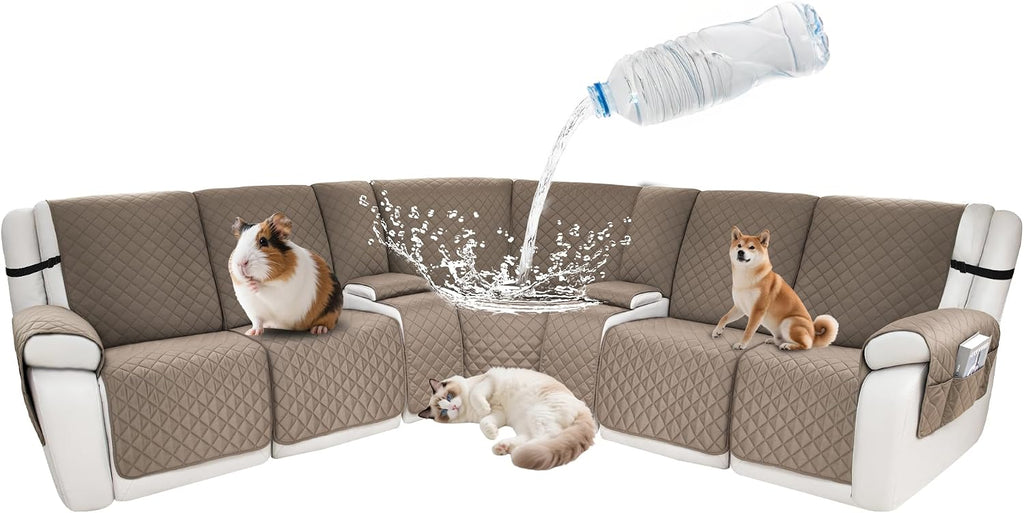 Waterproof Sectional Reclining Couch Covers L Shaped Recliner Sectional Sofa Cover 9 Piece Non Slip Washable Corner Recliner Slipcover Set for Pet Dog (5 Seater 2 Console Cover, Camel)