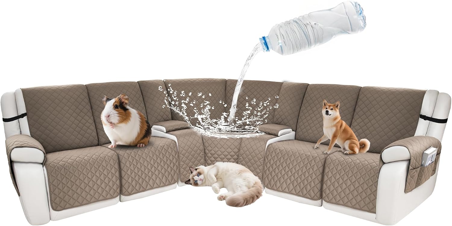 Waterproof Sectional Reclining Couch Covers L Shaped Recliner Sectional Sofa Cover 9 Piece Non Slip Washable Corner Recliner Slipcover Set for Pet Dog (5 Seater 2 Console Cover, Camel)