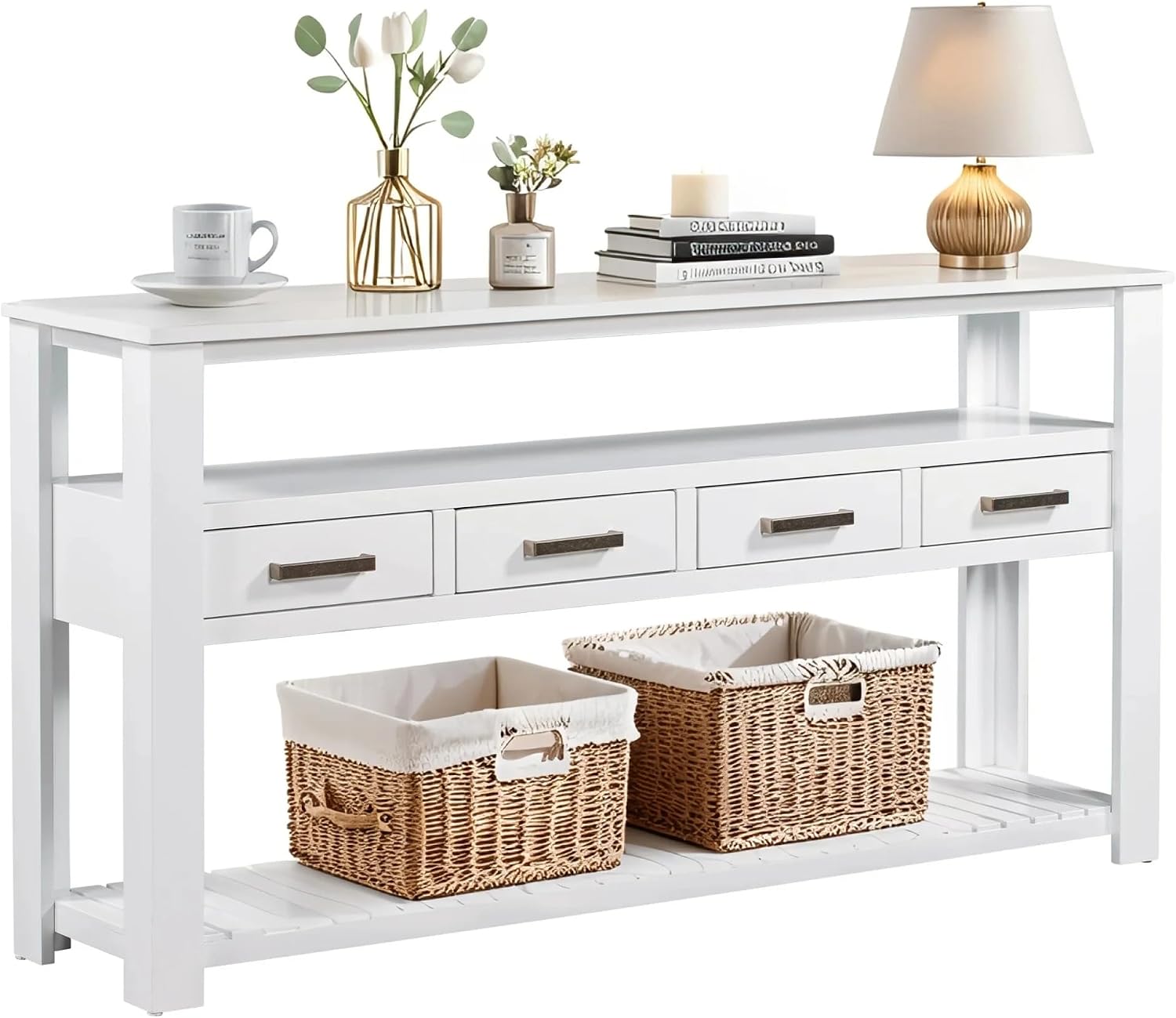 LKTART Console Table for Entryway with 4 Drawers,61.5'' Long Sofa Table with 3-Tier Open Shelves,Entry Table for Hallway,Foyer,Living Room,White