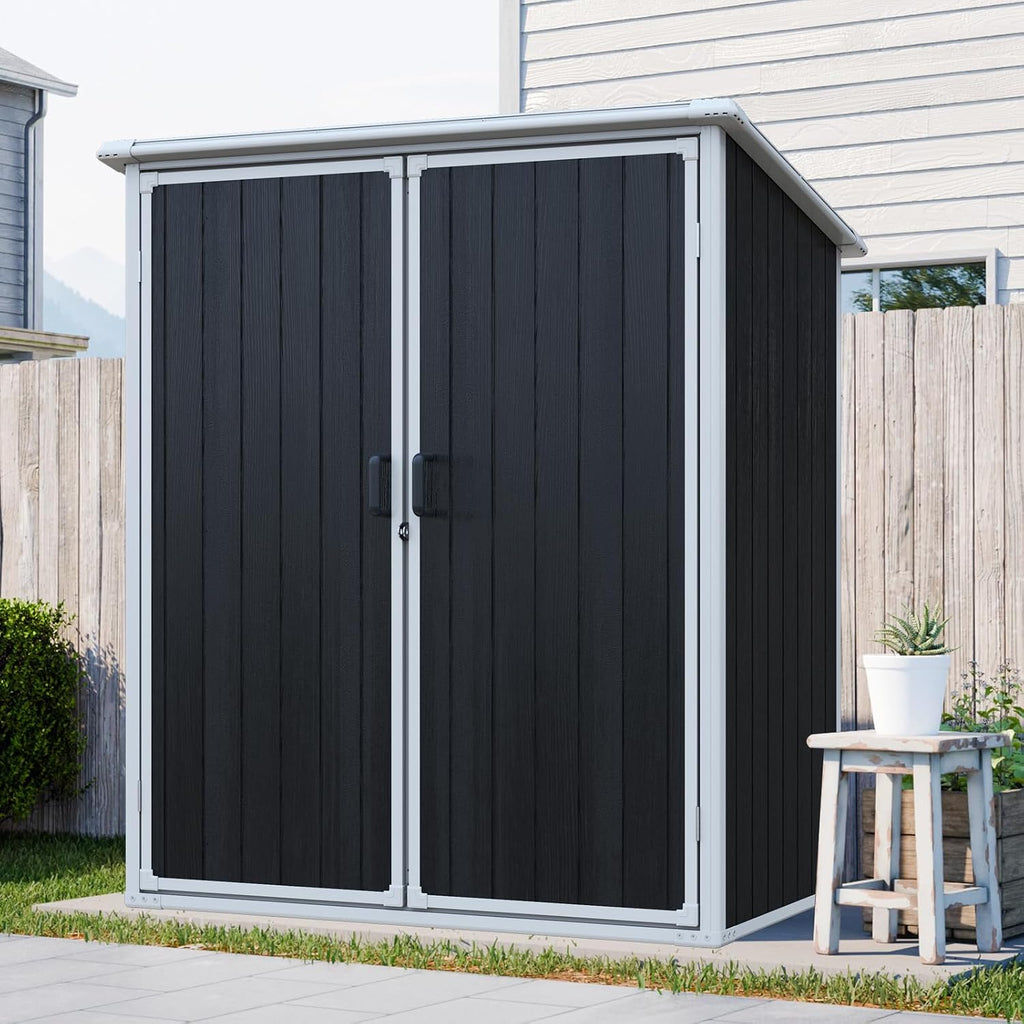 5x3 Resin Outdoor Storage Shed with Floor, Vertical Plastic Storage Cabinet with Lockable Doors, All-Weather Garden Tool Shed for Bikes and Patio Furniture (Black)