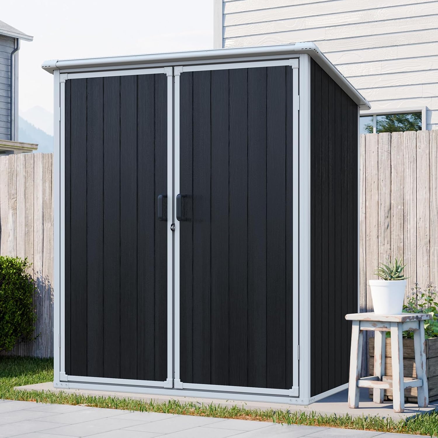 5x3 Resin Outdoor Storage Shed with Floor, Vertical Plastic Storage Cabinet with Lockable Doors, All-Weather Garden Tool Shed for Bikes and Patio Furniture (Black)