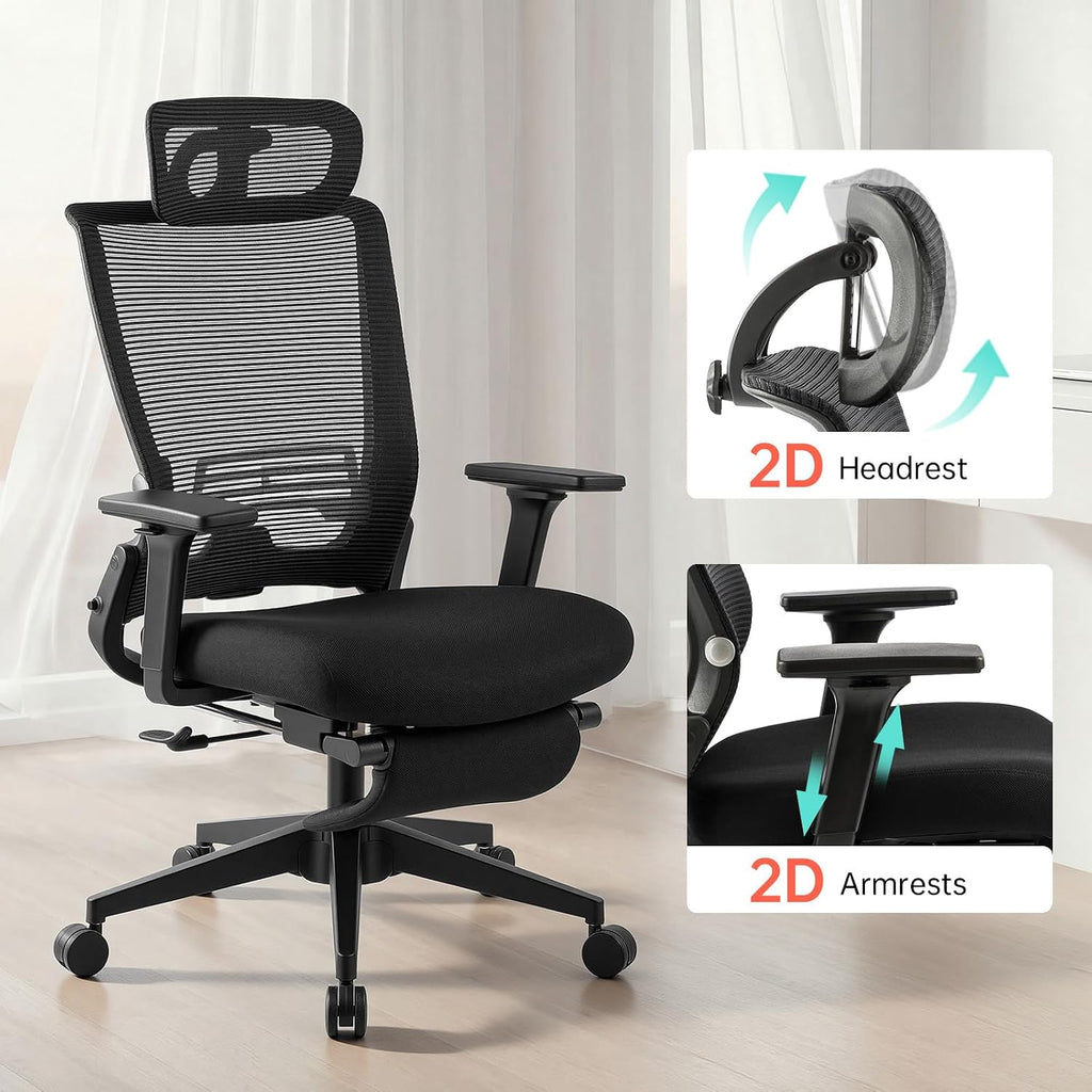 Foldable Office Chair with Foot Rest, Ergonomic Office Chair with Adjustable Lumbar Support, Headrest, Armrest, Home Office Desk Chairs for Space Saving, Work from Home, Black