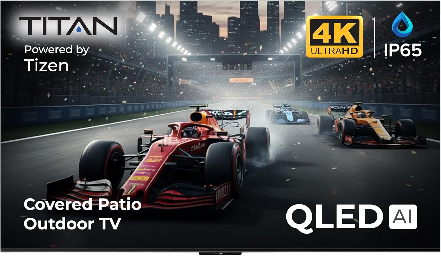 Titan S100 QLED 85 Inch Outdoor TV, Covered Patio, IP65 Smart Weatherproof TV, 4K HDR, 60 Hz, Tizen AI OS, 800 Nits, Wi-Fi 5, HDR10+, Outdoor TV Cover, Slim Bezel, 2 Yr Wty