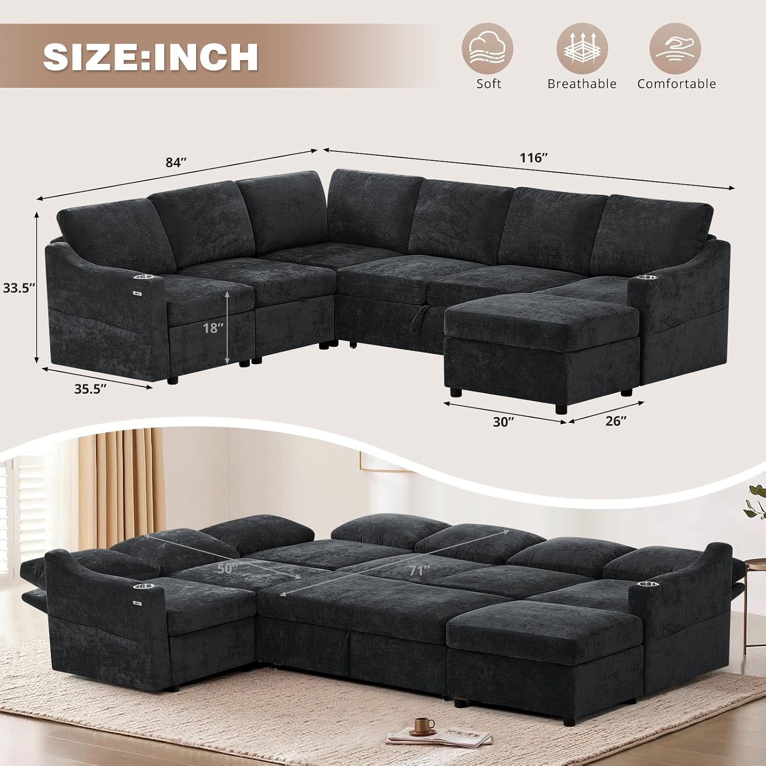 116' Chenille Modular Sofa Bed w/Adjustable Backrests, U-Shape Sleeper Sofa w/USB Ports & Storage Space, Convertible Corner Sectional Couch w/Pull Out Bed for House, Living Room, Black