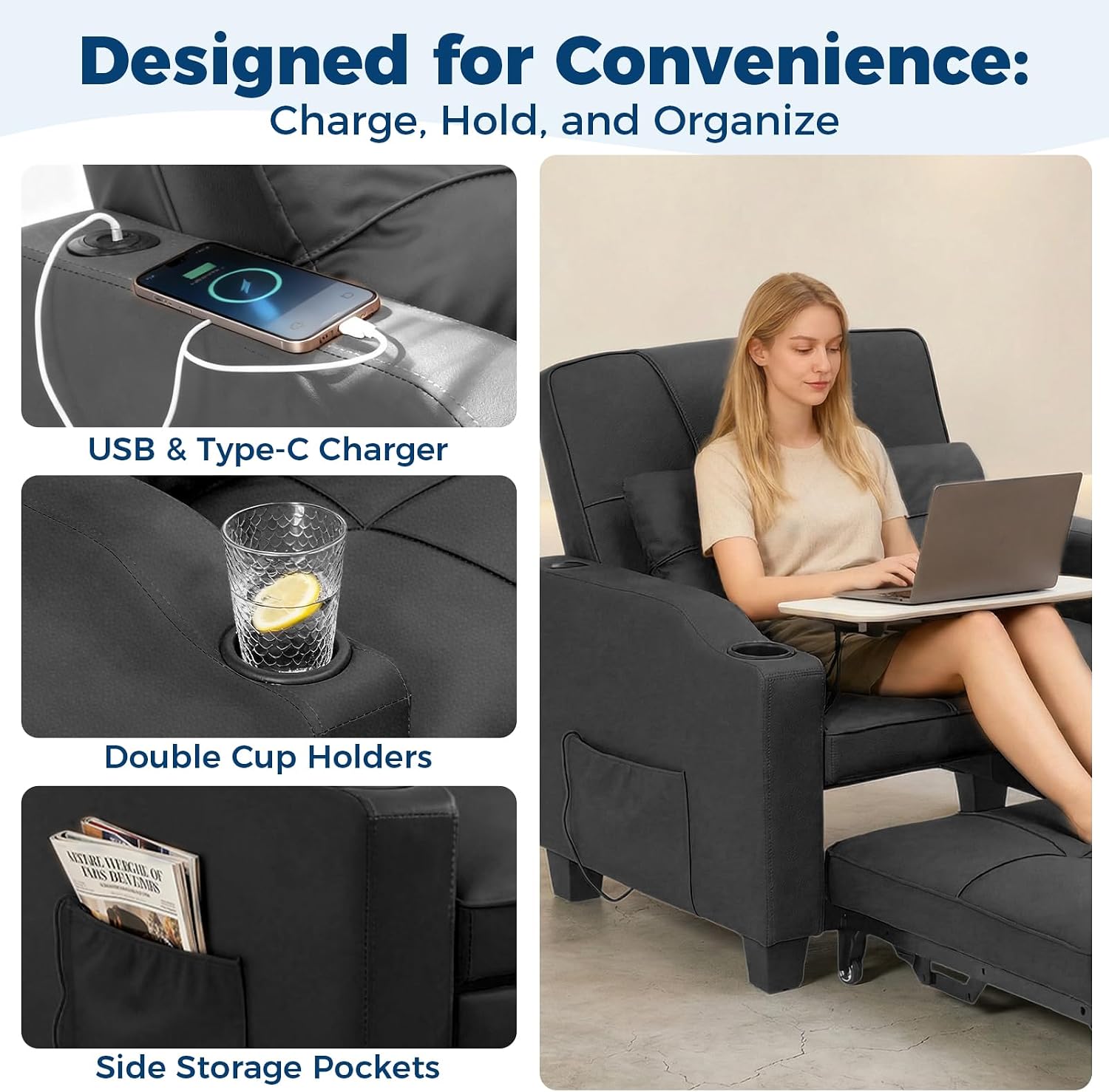 Sleeper Chair Pull Out Bed, 4 in 1 Convertible Sofa Chair Bed with Vibration Massage Lumbar Pillow, Single Sofa Recliner with USB/Type-C Port, Cup Holders and Side Pocket for Small Spaces (Black)