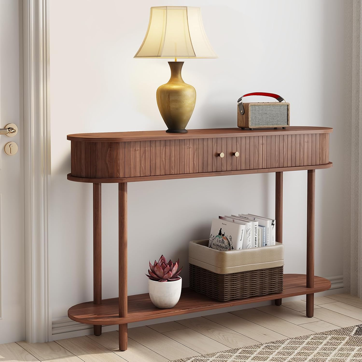 ARTPOWER 47.2' Modern Entryway Table with Wood Tambour Door, Accent Behind Couch Sofa Console with Storage, Fluted Side Table for Hallway, Living Room, Foyer, Brown