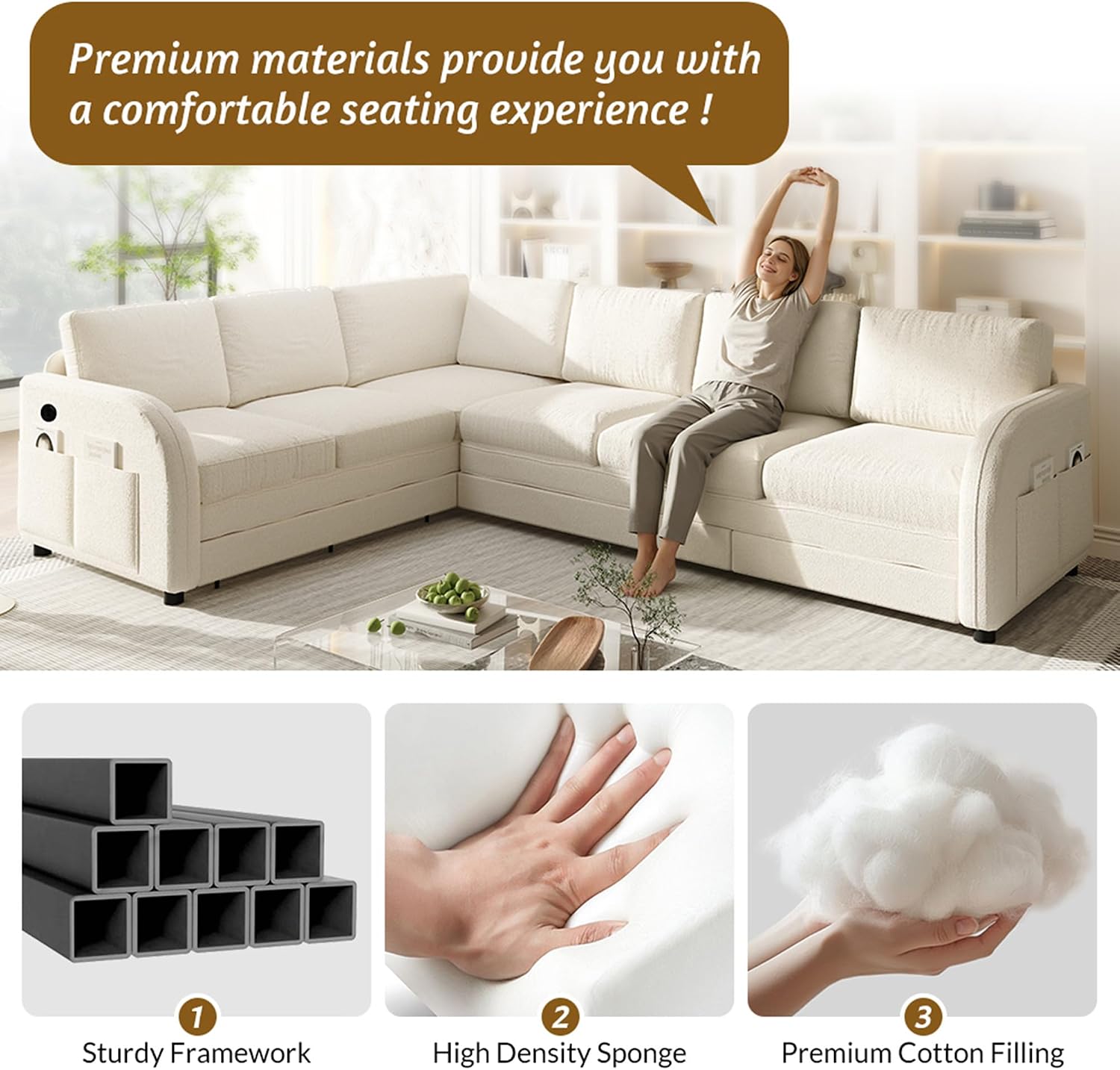 ITVZ King Size Sleeper Sofas Convertible Couches, White L Shaped Sectional Couch with Pull Out Bed, Oversized 6-Seat Sectional Sofa with Convert Left/Right Facing and USB Port for Living Room