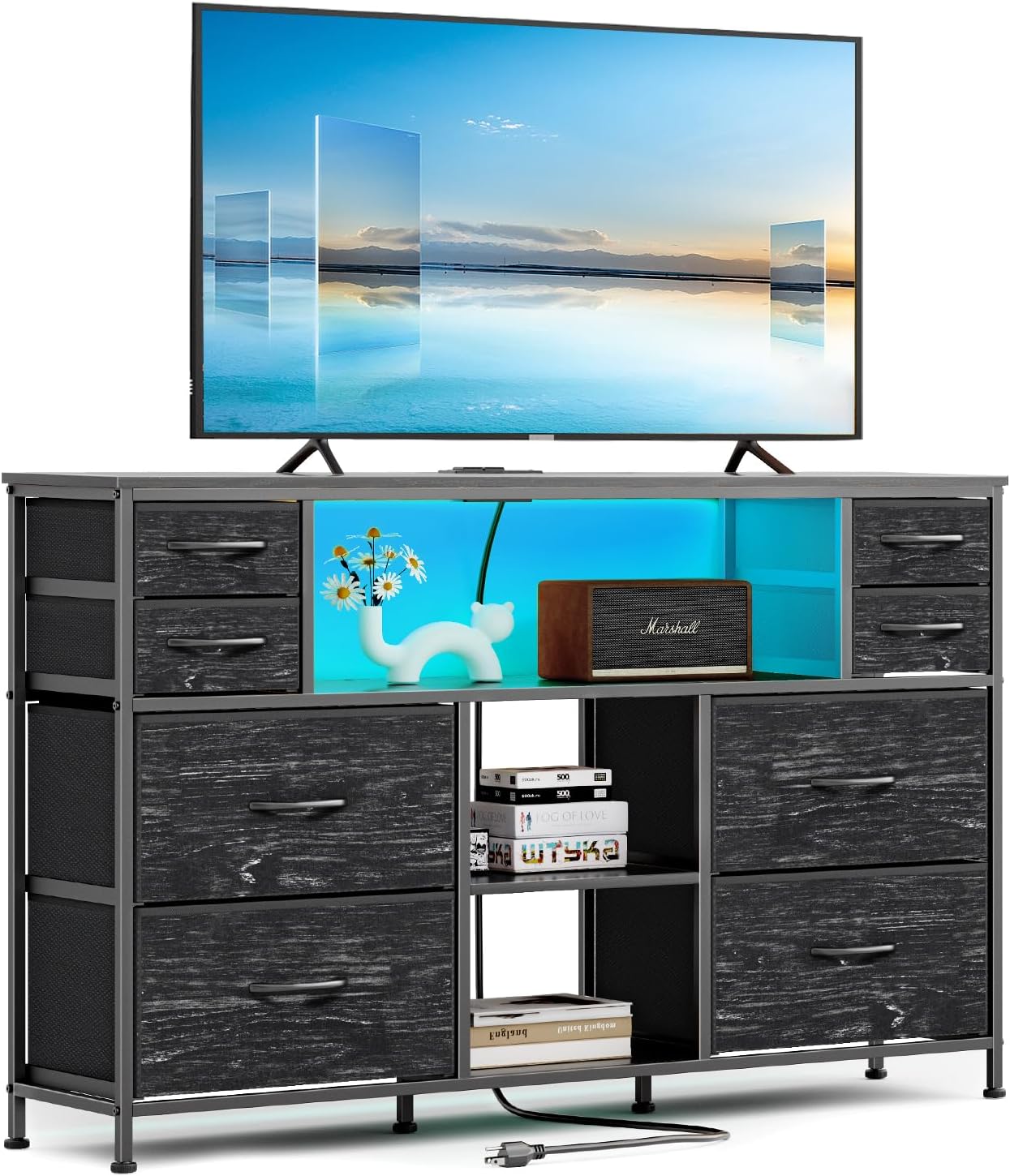 TV Stand Dresser Drawer for Bedroom - TV Stands for 45, 50, 55 inch TV - Entertainment Center Dressers with Charging Station, Drawers Dresser with Storage for Living Room, Nursery, Entryway - Black