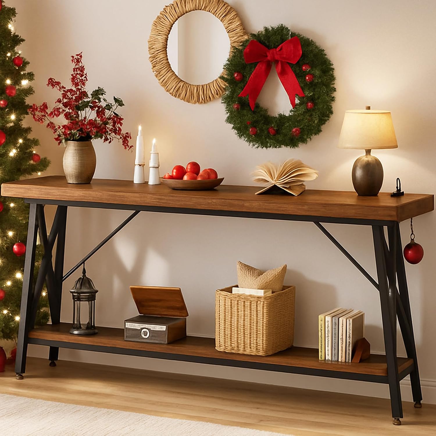 Homieasy 70.9 Inch Extra Long Console Table, Industrial Sofa Table Behind Couch with Charging Station & Storage Shelf, Entryway Table for Living Room & Entryway, Rustic Brown