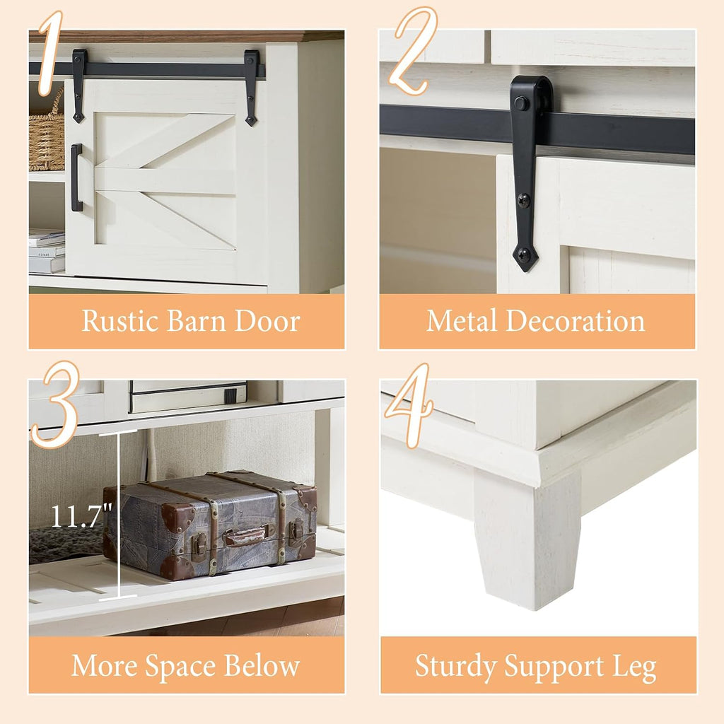 AMERLIFE Sofa Table with Sliding Barn Doors, TV Console Table, 46' Farmhouse Rustic Storage Entryway Table, Adjustable Open Shelves, Hallway, Living Room, Bedroom, Antique White