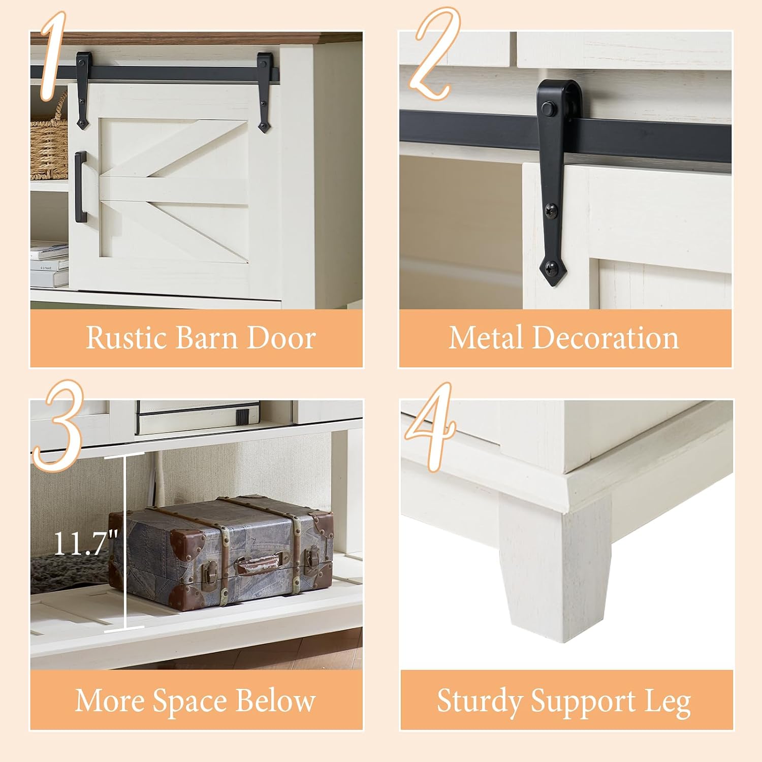 AMERLIFE Sofa Table with Sliding Barn Doors, TV Console Table, 46' Farmhouse Rustic Storage Entryway Table, Adjustable Open Shelves, Hallway, Living Room, Bedroom, Antique White