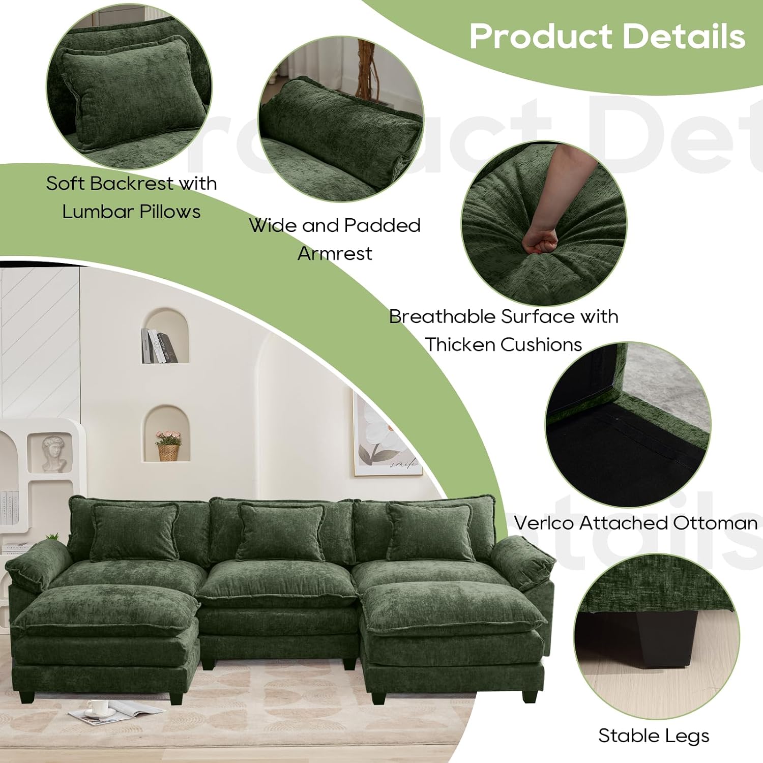 Oprisen 120' Modular Sectional Sofa, Comfy Cloud Couch Sectional Sofa with Ottoman, Chenille Sofa Sleeper Deep Seat Sofa with Throw Pillows for Living Room (Green, 120'- U Shape)