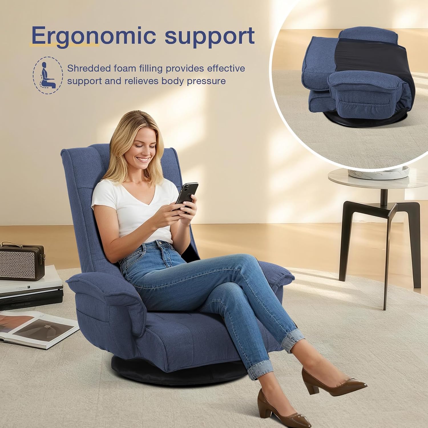 Linen Fabric Ergonomic Gaming Chair, 6-Position Reclining Sofa Bed with Lumbar Support, Foldable Floor Lounger with Thick Cushion, Armrests & Side Pockets for Esports, Reading, Napping (Blue)