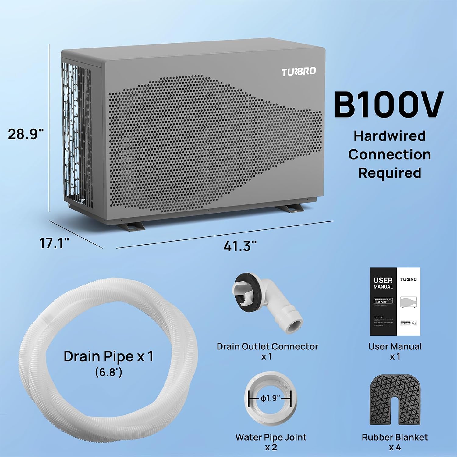 TURBRO 95,563 BTU Inverter Swimming Pool Heat Pump, Up to 26,000 Gallons, WiFi Control Electric Pool Heater for Inground Pools, Up to 15.8 COP, 220-240V, for Light Commercial Use, Beluga B100V